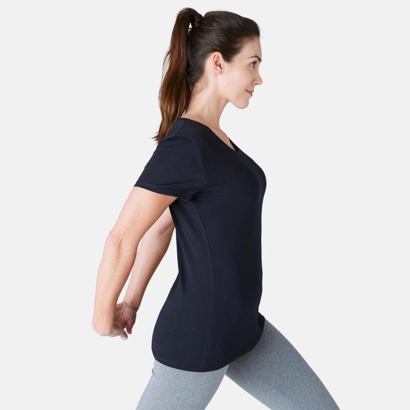 T-shirt fitness manches courtes droit coton extensible col rond femme noir