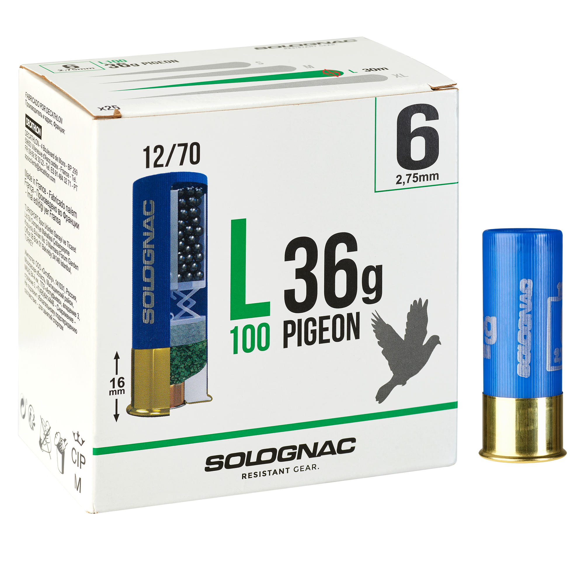 CARTOUCHE L100 36g PIGEON CALIBRE 12/70 PLOMB N°6 X25 ...