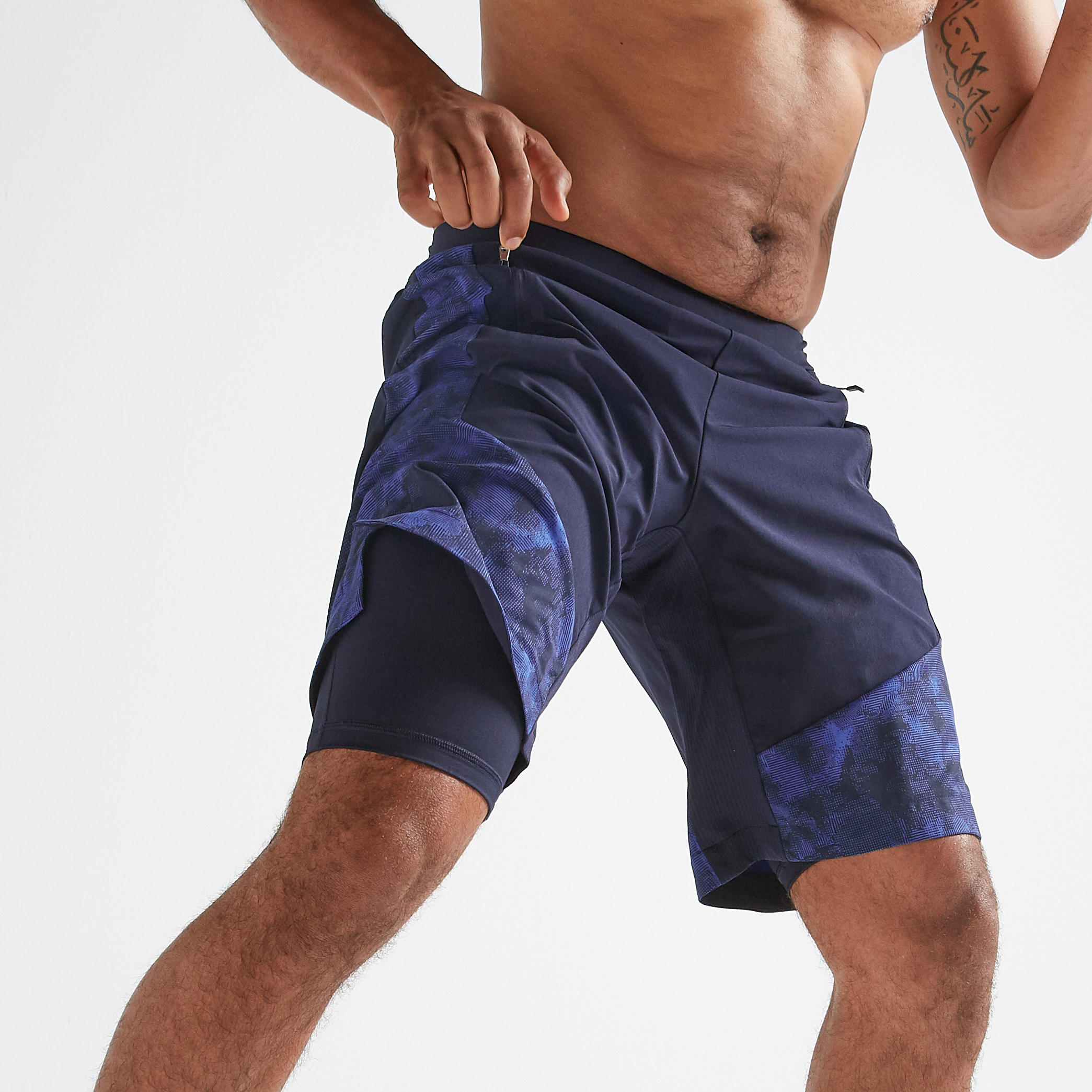 Men's 2-in-1 Cardio Fitness Shorts FTS 520 - Navy/Camo 4/7