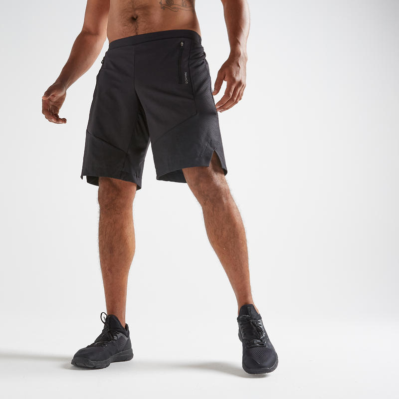 Sporthose Kurz Fst 500 Fitness Cardio Herren Schwarz Mit Zickzackmuster Domyos By Decathlon