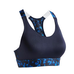 Brassière cardio fitness cardio training femme bleu marine et imprimés 500