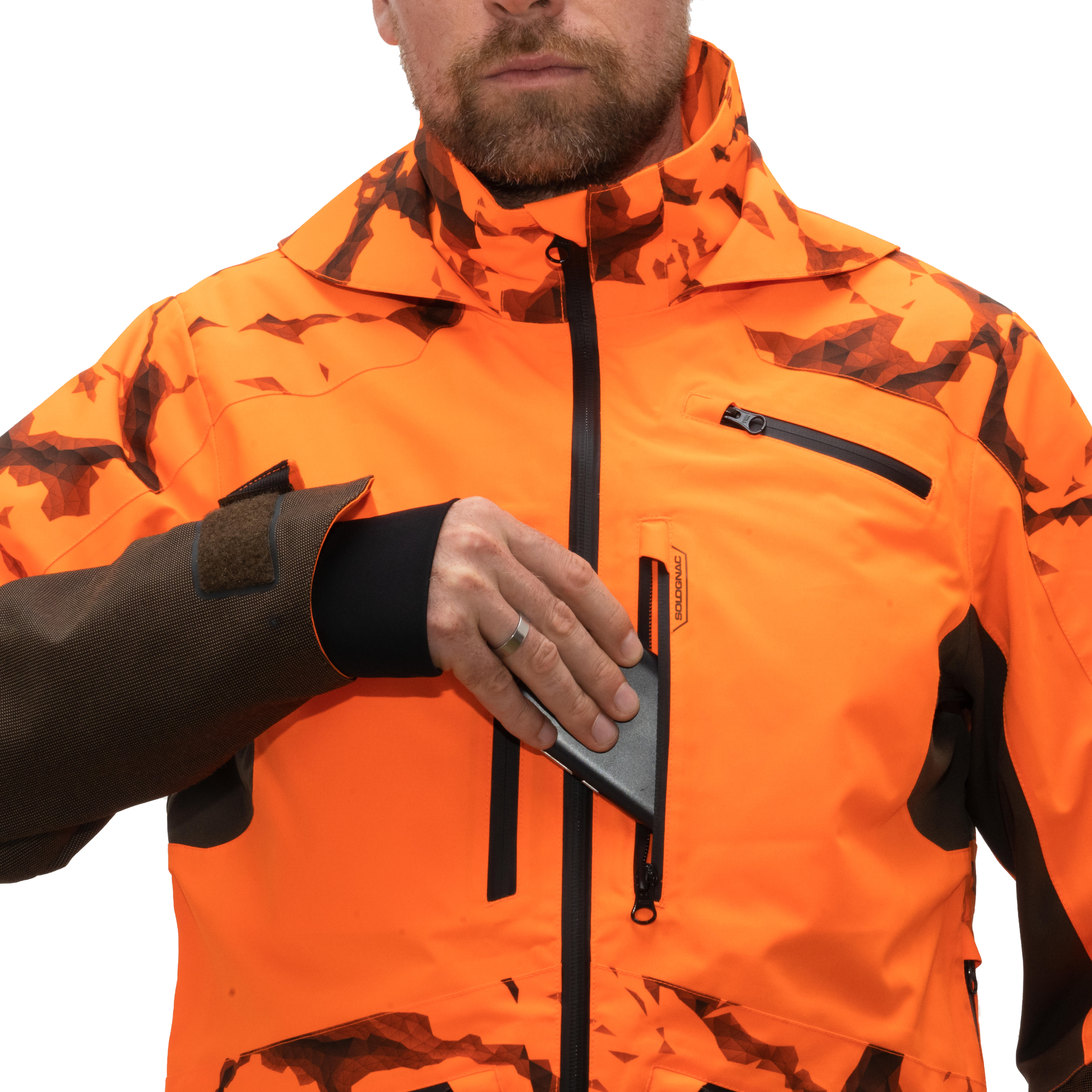 VESTE CHASSE RESISTANTE IMPERMEABLE ORANGE FLUO SUPERTRACK 900 LIGHT SOLOGNAC Decathlon