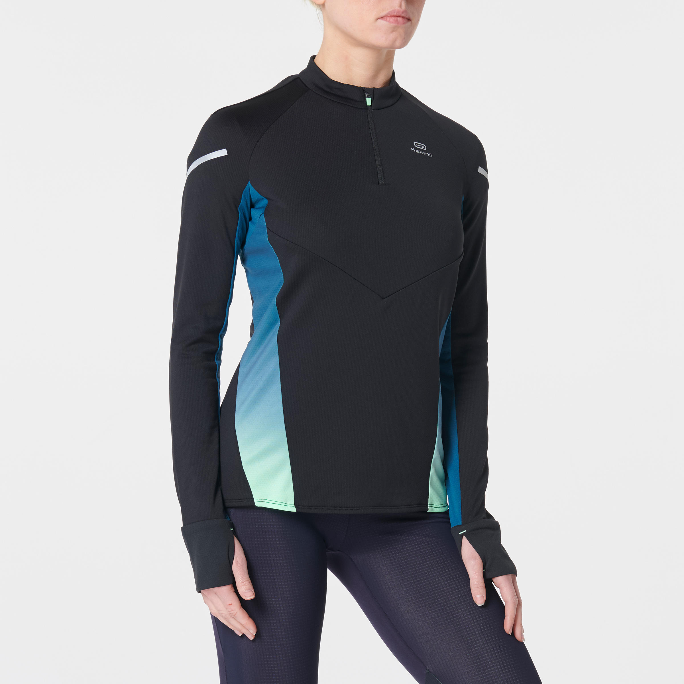 KIPRUN WOMEN’S WARM LIGHT LONG SLEEVED RUNNING JERSEY BLACK TURQUOISE 2/18