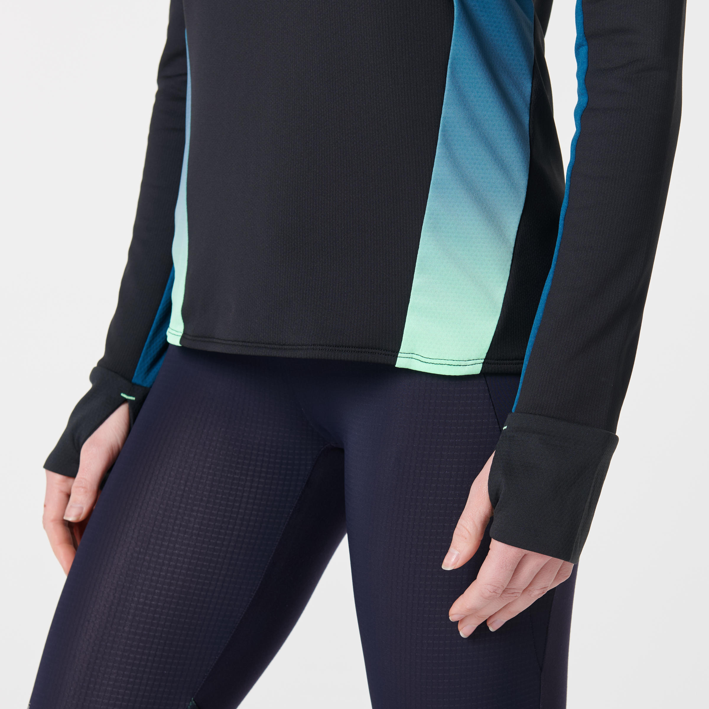 KIPRUN WOMEN’S WARM LIGHT LONG SLEEVED RUNNING JERSEY BLACK TURQUOISE 7/18