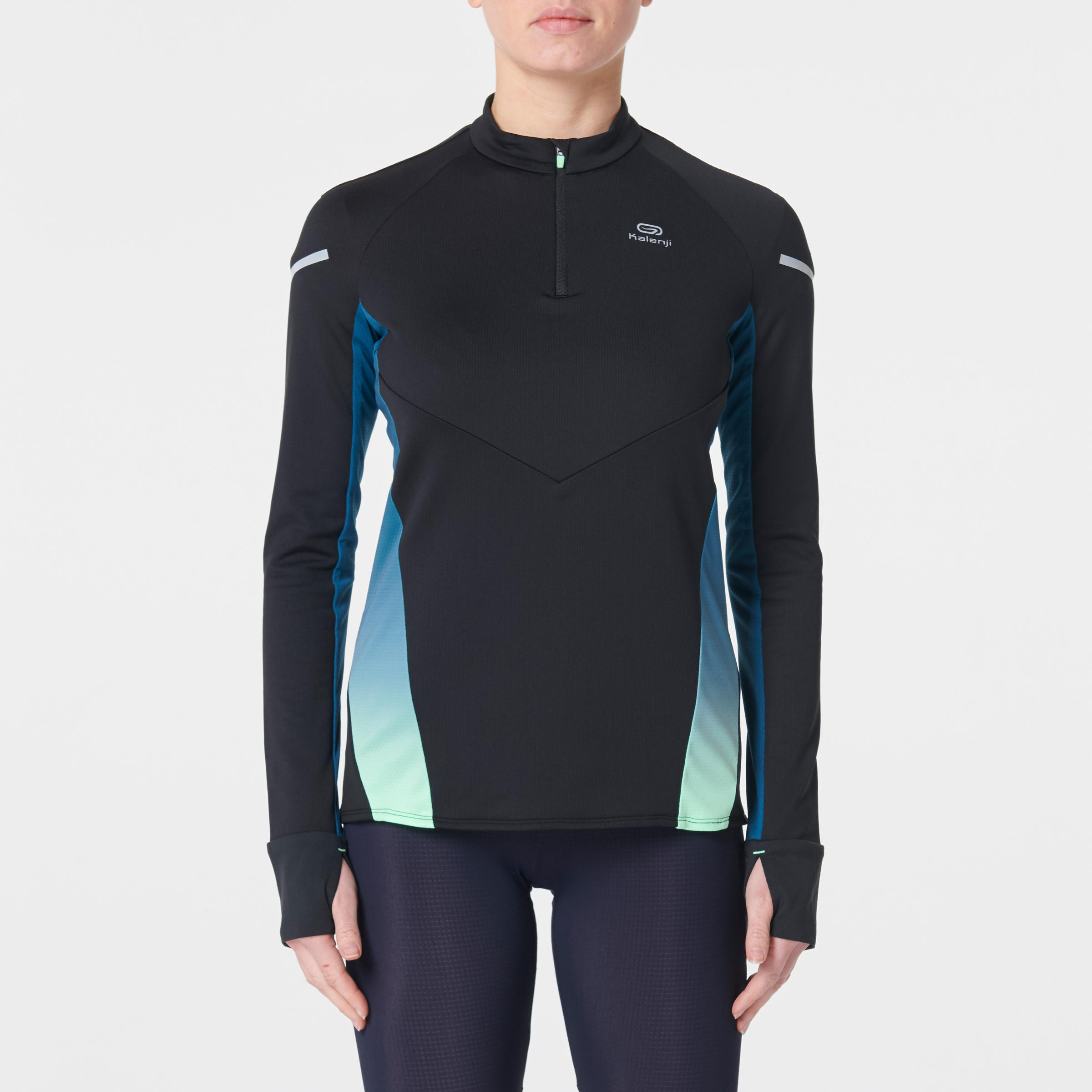 KIPRUN WOMEN’S WARM LIGHT LONG SLEEVED RUNNING JERSEY BLACK TURQUOISE 3/18