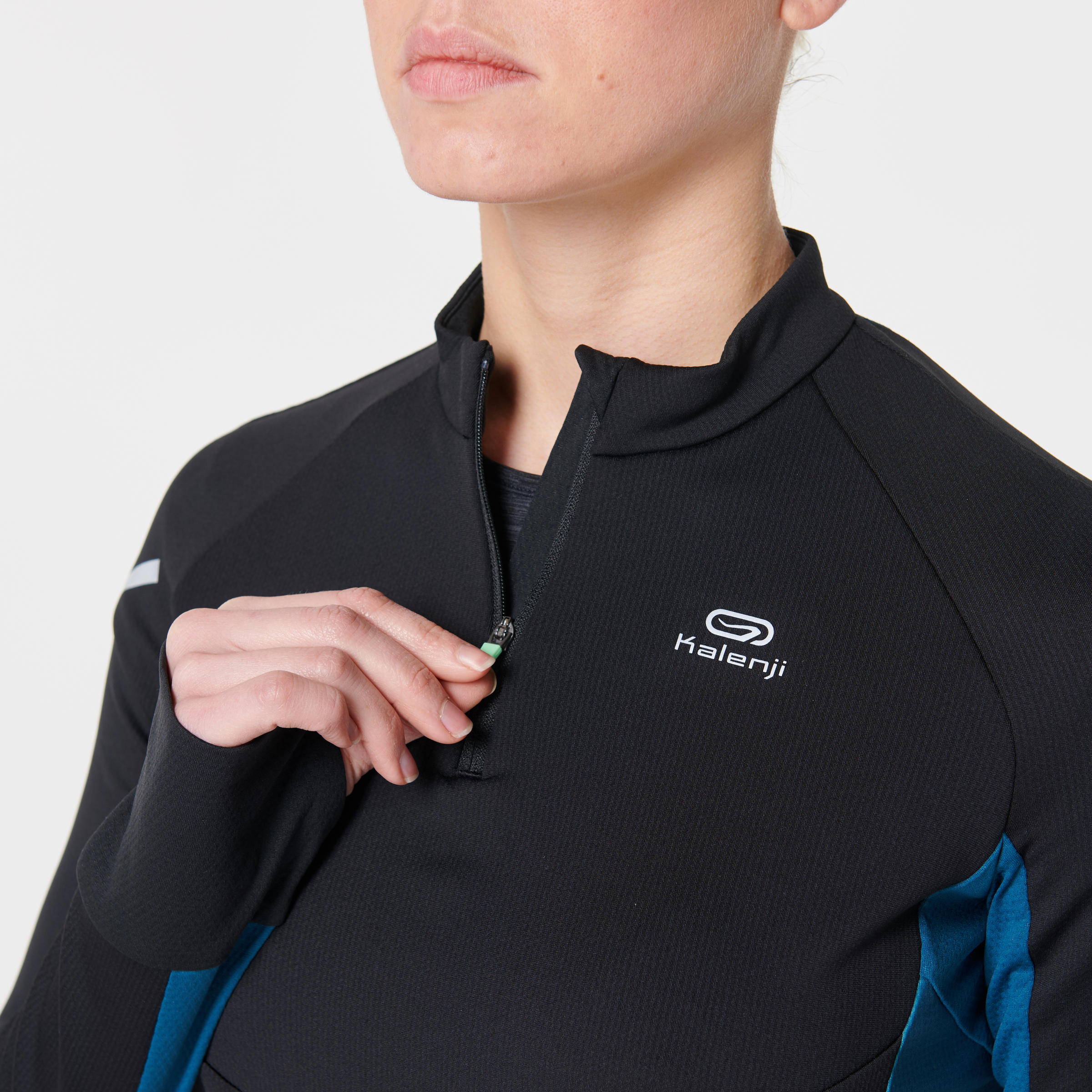 KIPRUN WOMEN’S WARM LIGHT LONG SLEEVED RUNNING JERSEY BLACK TURQUOISE 9/18