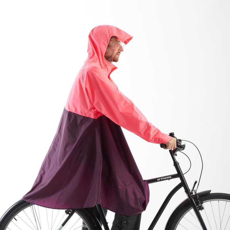 PONCHO PLUIE VÉLO 900 ROSE FLUO/PRUNE