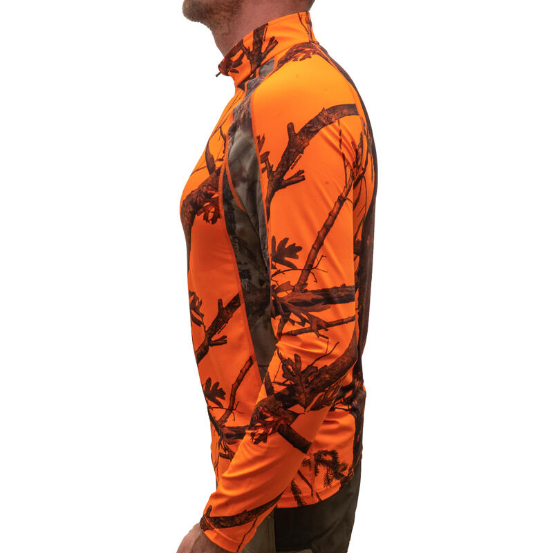 Camiseta Manga Larga Hombre Caza Solognac Camuflaje Naranja Fluo Transpirable