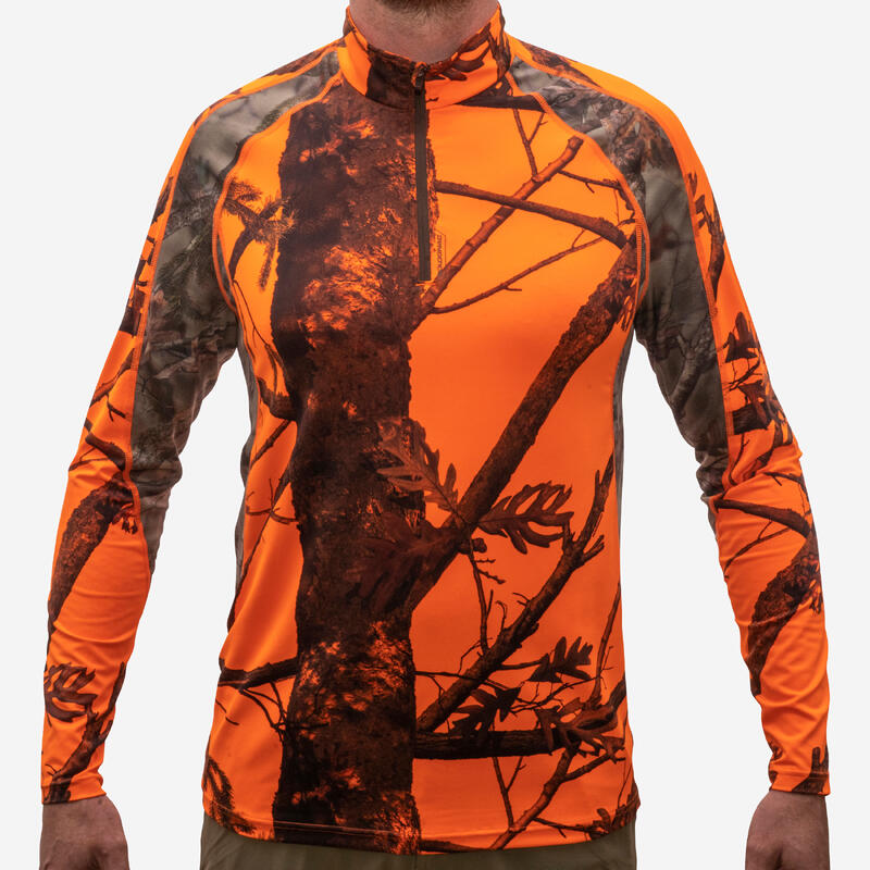 Camiseta Manga Larga Hombre Caza Solognac Camuflaje Naranja Fluo Transpirable