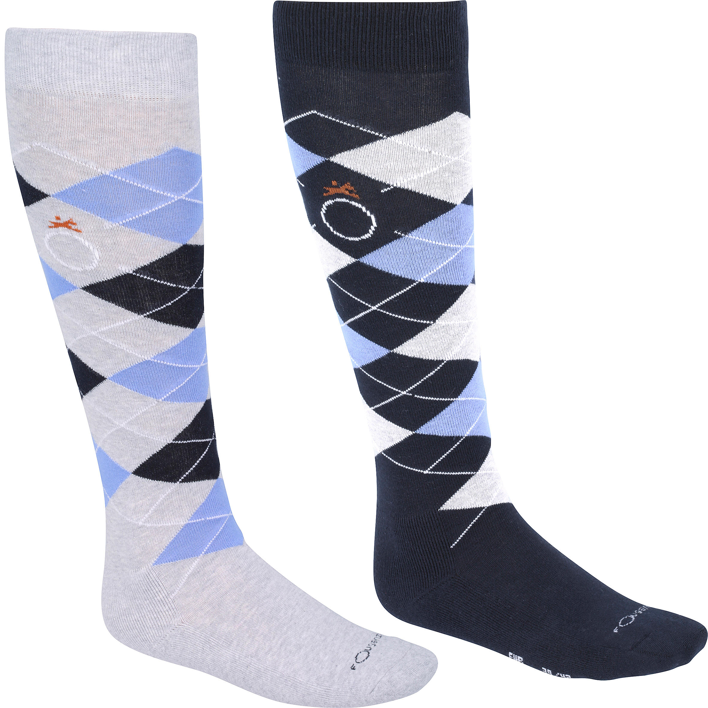 Argyle Children and Adult Horse Riding Socks 2-Pair Pack - Mottled Grey/Sky Blue 1/8