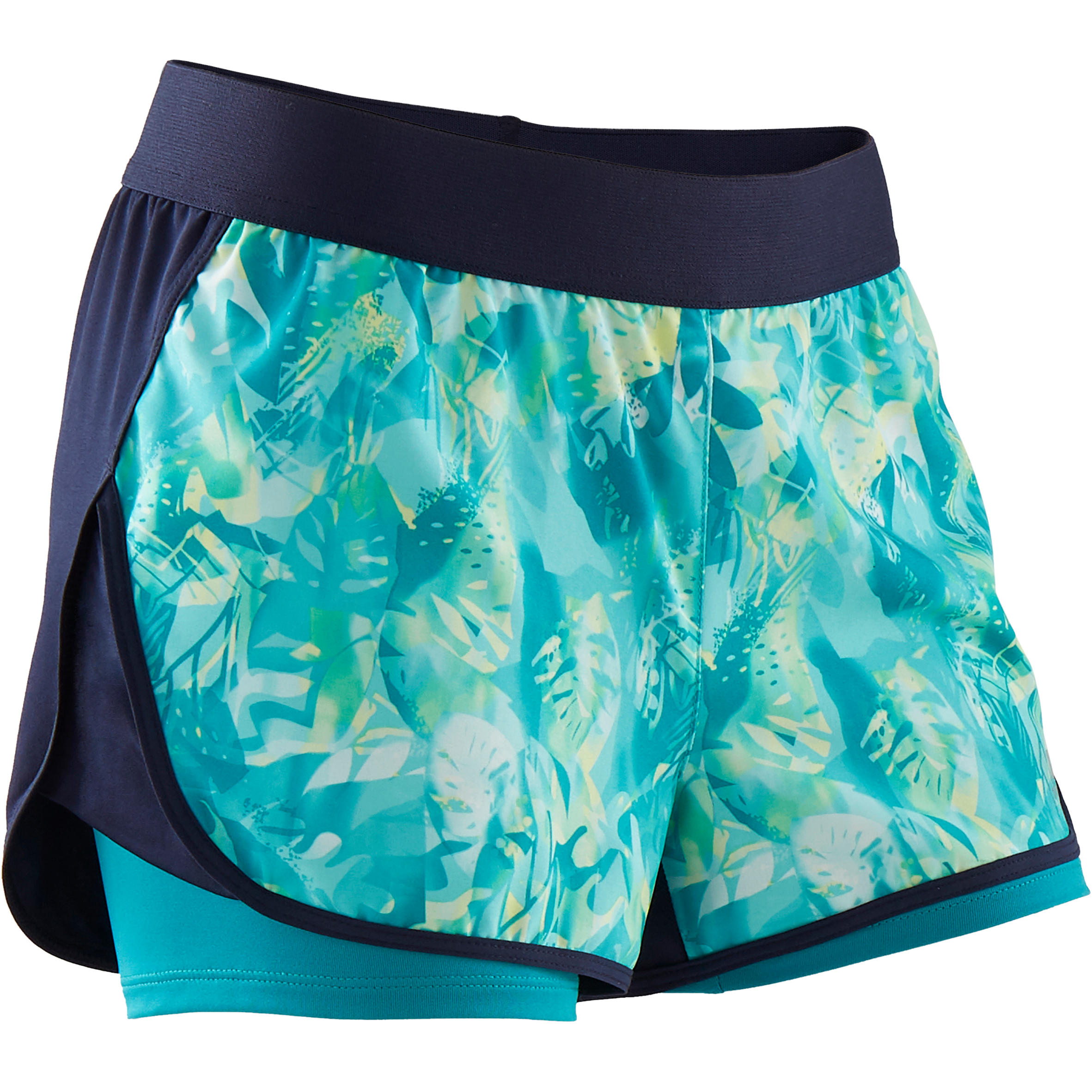 DOMYOS Girls' Breathable Double Gym Shorts W500 - Blue Print