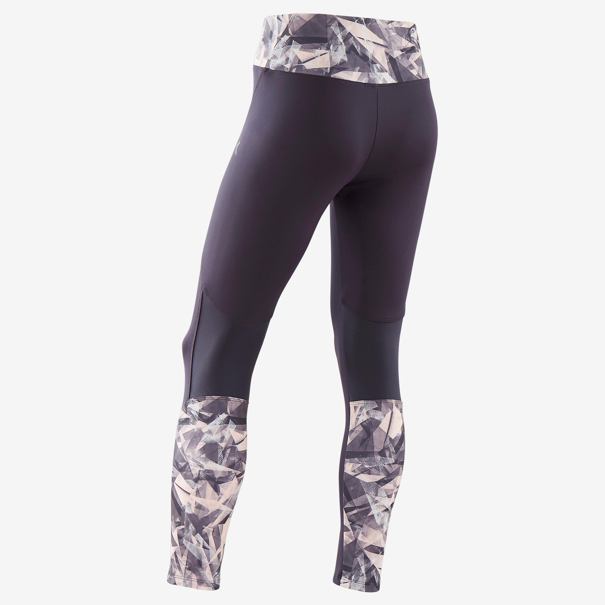 Girls' Breathable Synthetic Gym Leggings S500 - Grey/Pink Print 3/4