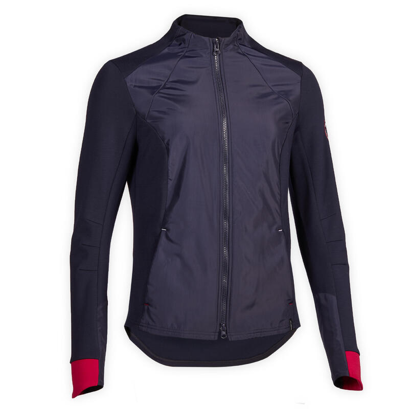 Sudadera equitación fouganza 500 mujer azul marino y manguito rosa