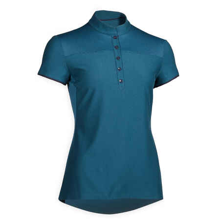 Polo manches courtes équitation femme 500 bleu pétrole