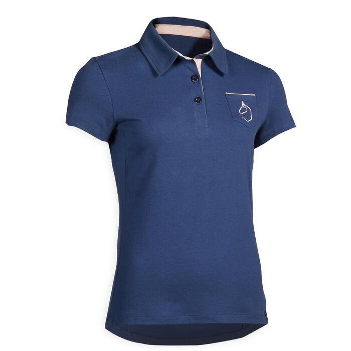 Flower Women S Short Sleeved Horse Riding Shirt Embroidered Navy Pocket Fouganza Decathlon