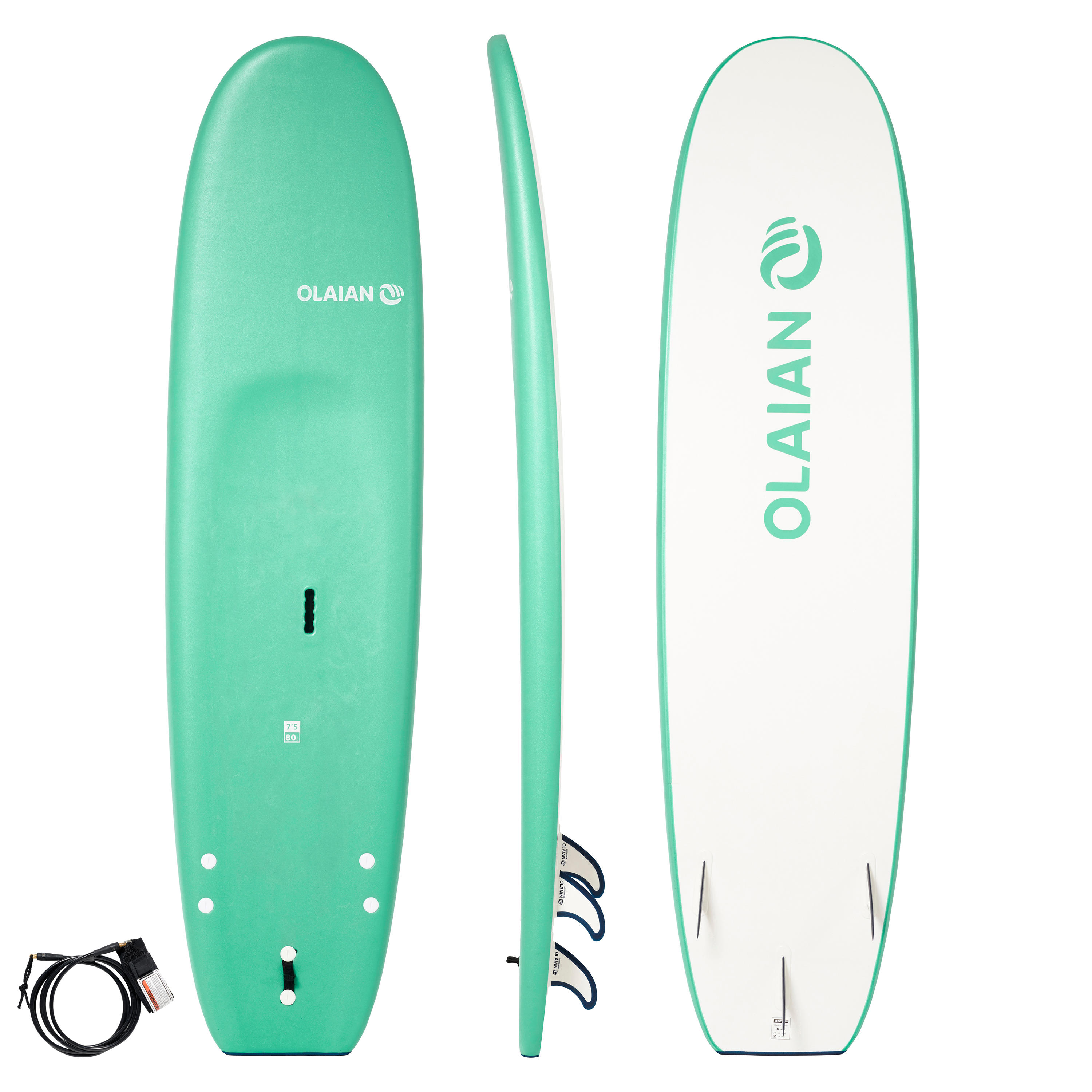 Image of Surfboard with leash and 3 fins - 7'5 100