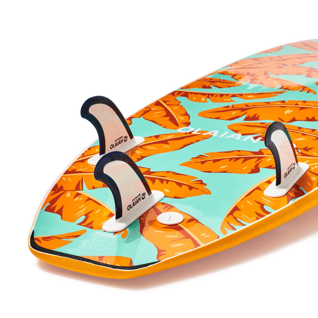 Tabla de surf en espuma de 1,83m con leash + 3 quillas Olaian 500 amarillo