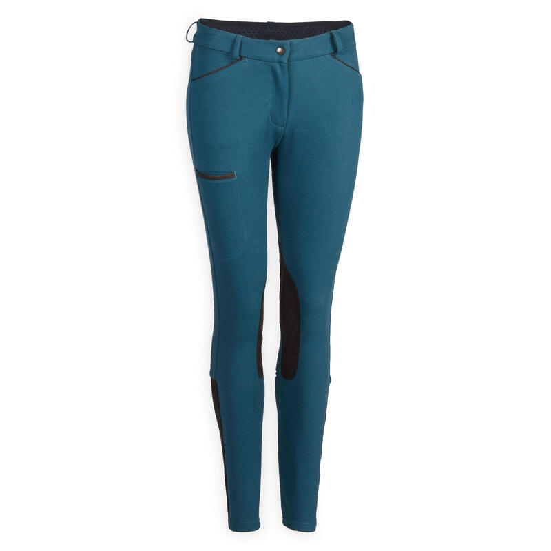 Pantalon équitation femme 150 basanes agrippantes bleu pétrole