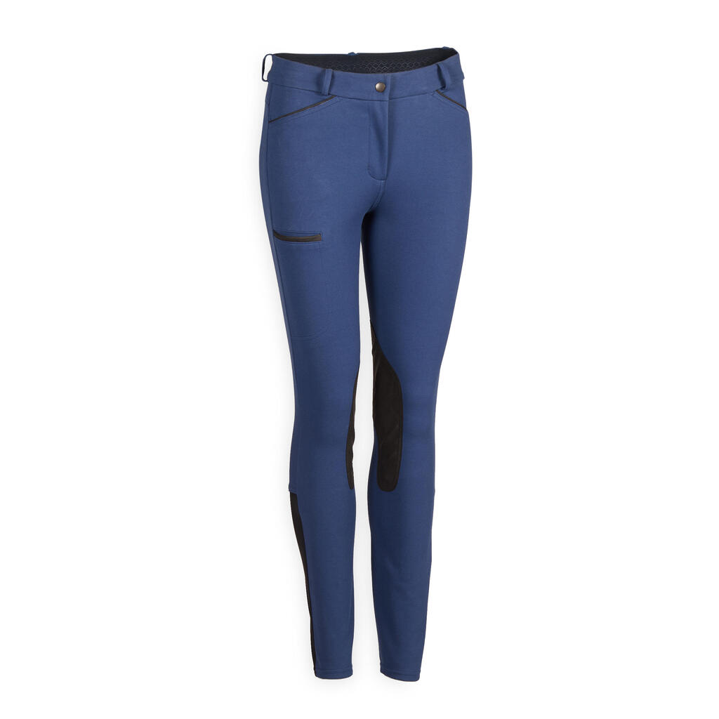 Women's Horse Riding Jodhpurs 150 with Grippy Suede Patches - Dark Blue