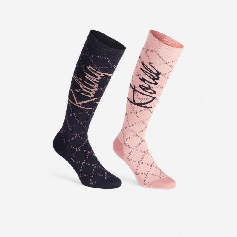 Calcetines Equitación Fouganza 500 Light Mujer Azul Marino Rosa Claro