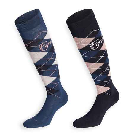 Adult Horse Riding Socks Losanges - Navy Blue/Pale Pink and Petrol Blue