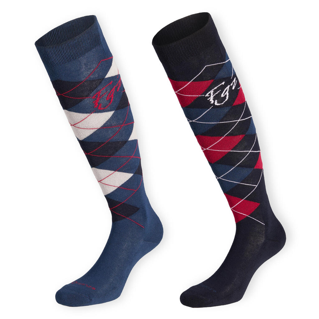 Adult Horse Riding Socks Losanges - Navy Blue/Pale Pink and Petrol Blue