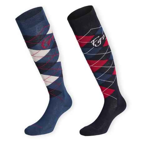Adult Horse Riding Socks Lozenges - Navy Blue/Pink and Petrol Blue