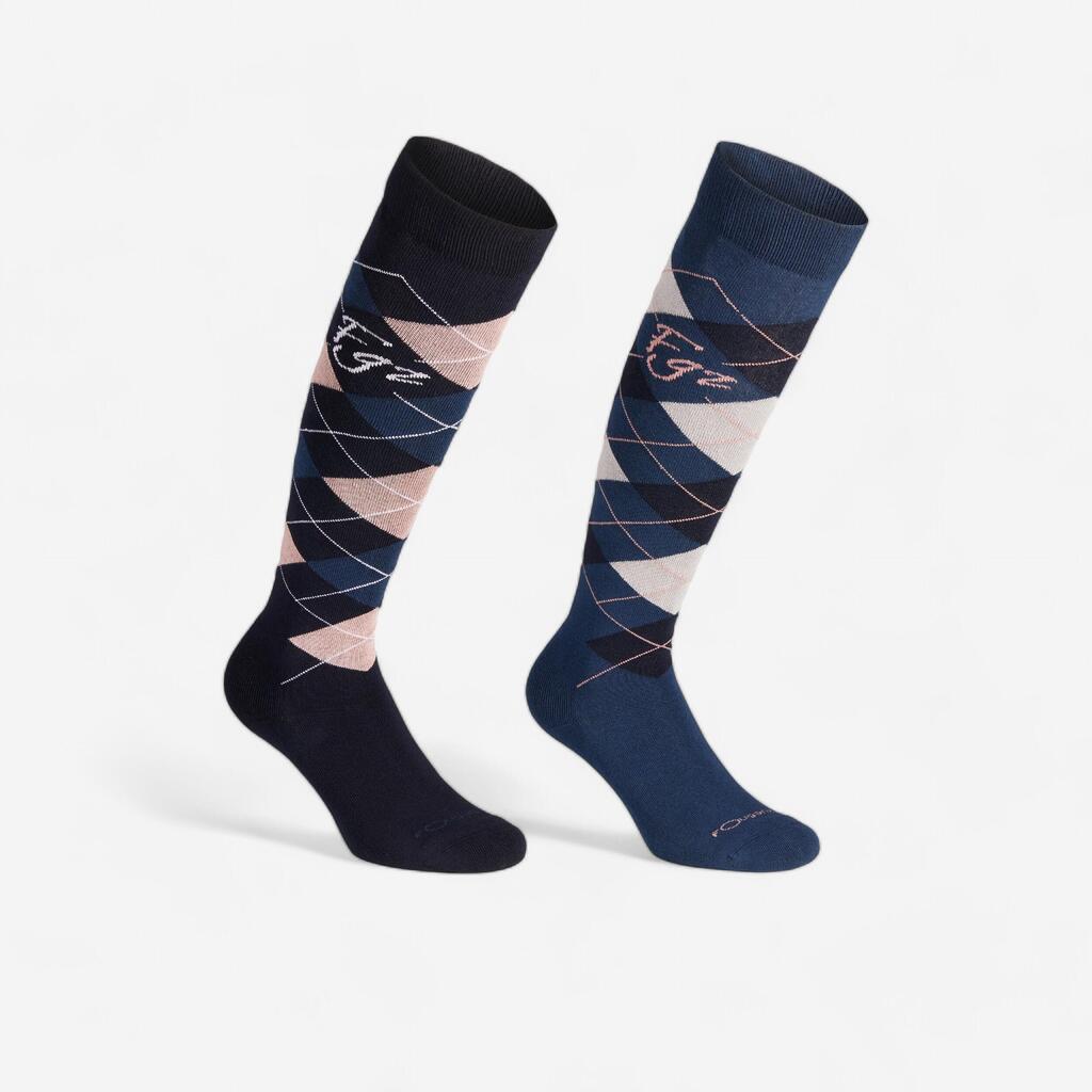 Adult Horse Riding Socks Losanges - Navy Blue/Pale Pink and Petrol Blue