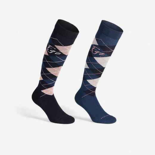 
      Adult Horse Riding Socks Losanges - Navy Blue/Pale Pink and Petrol Blue
  