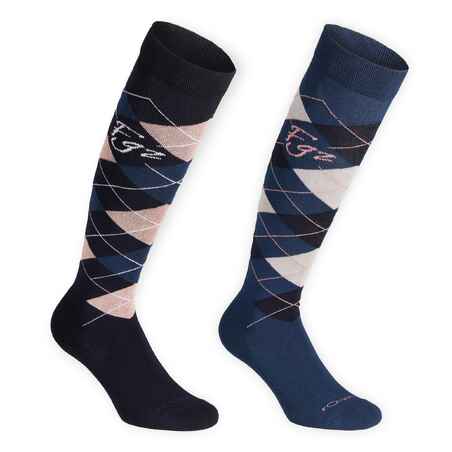 Adult Horse Riding Socks Losanges - Navy Blue/Pale Pink and Petrol Blue