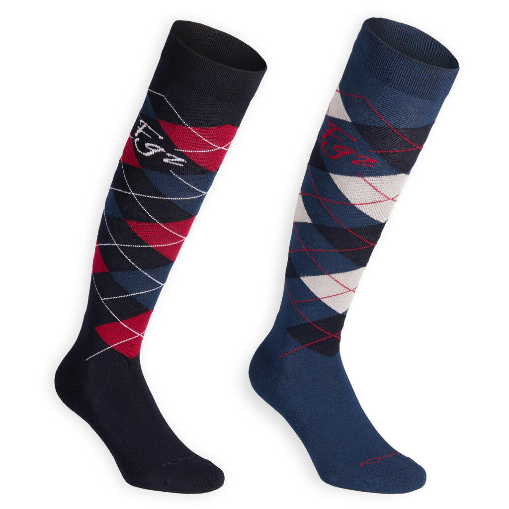 Adult Horse Riding Socks Losanges - Navy Blue/Pale Pink and Petrol Blue