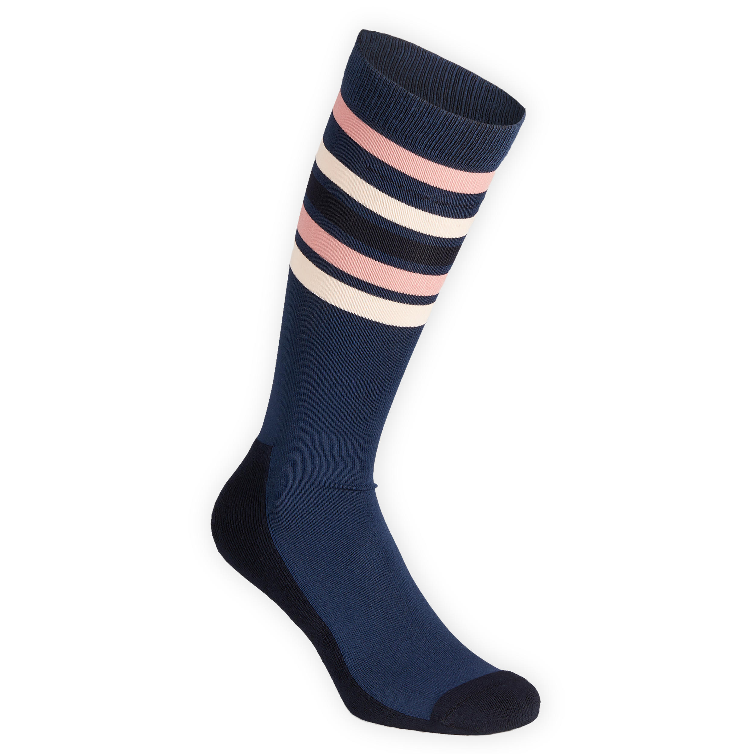 FOUGANZA Adult Horse Riding Socks 100 - Dark Blue/Pale Pink Stripes