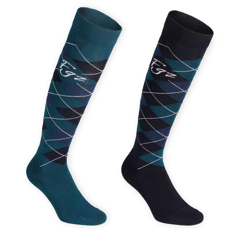 ADULT RIDING SOCKS Horse Riding - Socks - Green/Blue FOUGANZA - Horse Riding