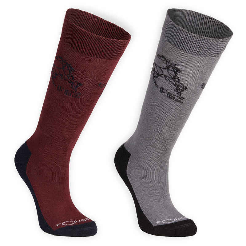 Boys' Horse Riding Socks 500 Horse Grey/Burgundy Decathlon