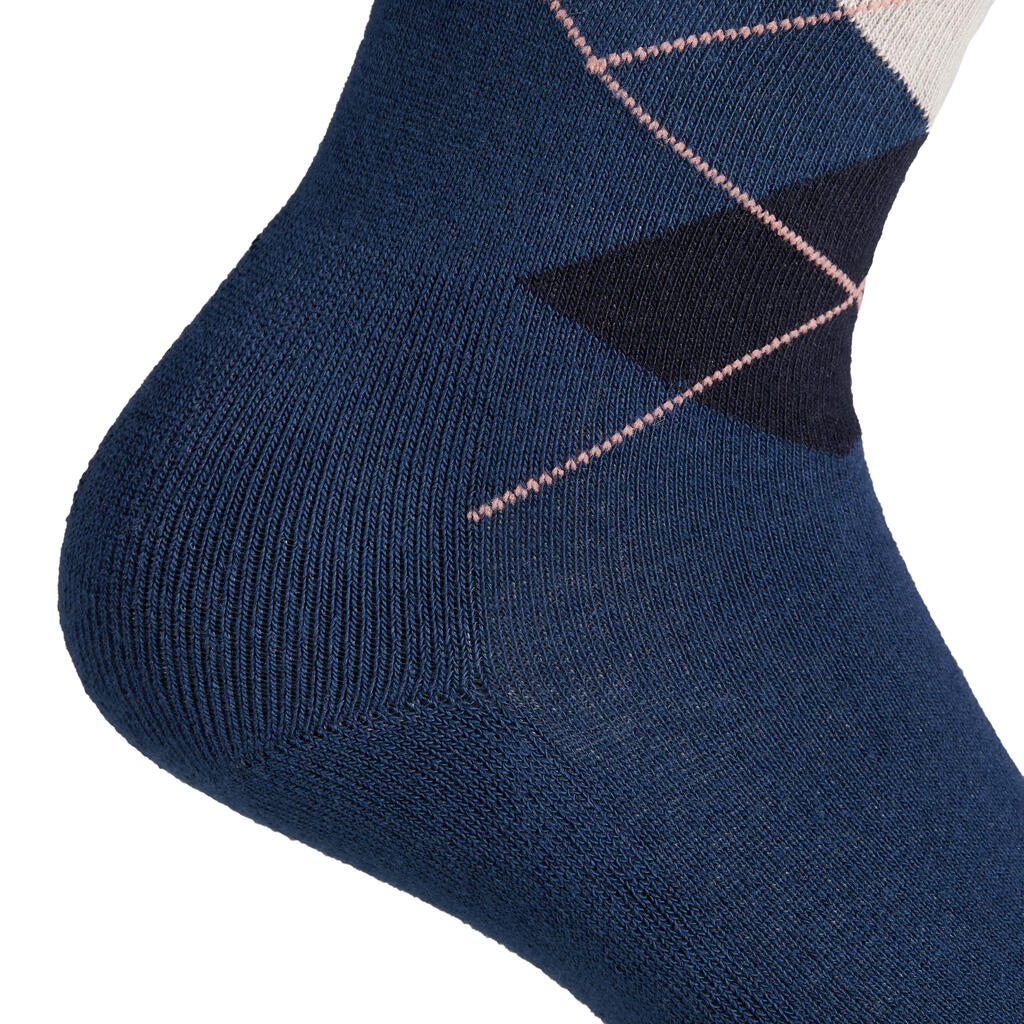 Reitsocken 500 Erwachsene kariert marineblau/hellrosa und petrolblau