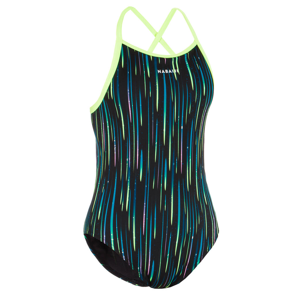 Girls' Swimming One-Piece Swimsuit Jade- All Neon Black
