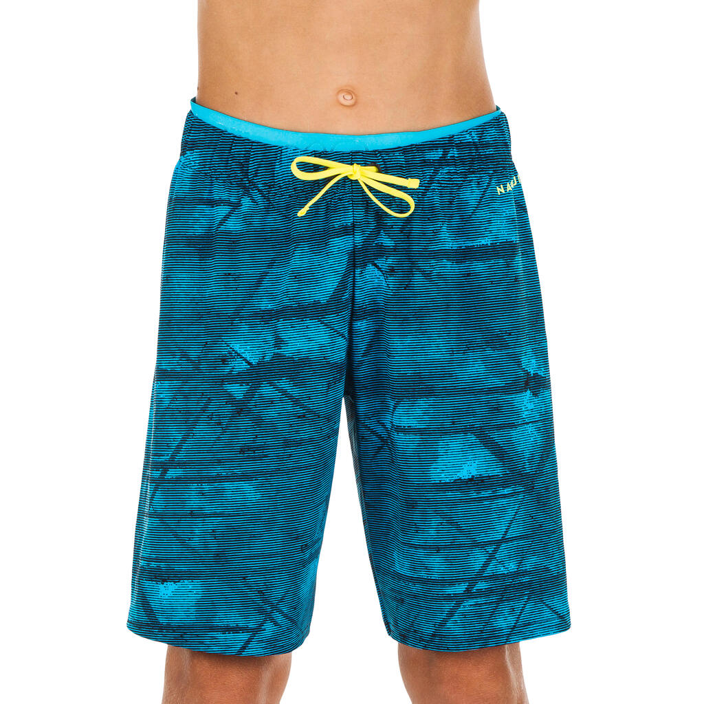 Boy's Swim Shorts - 100 Long - Pool Navy Blue / Ochre