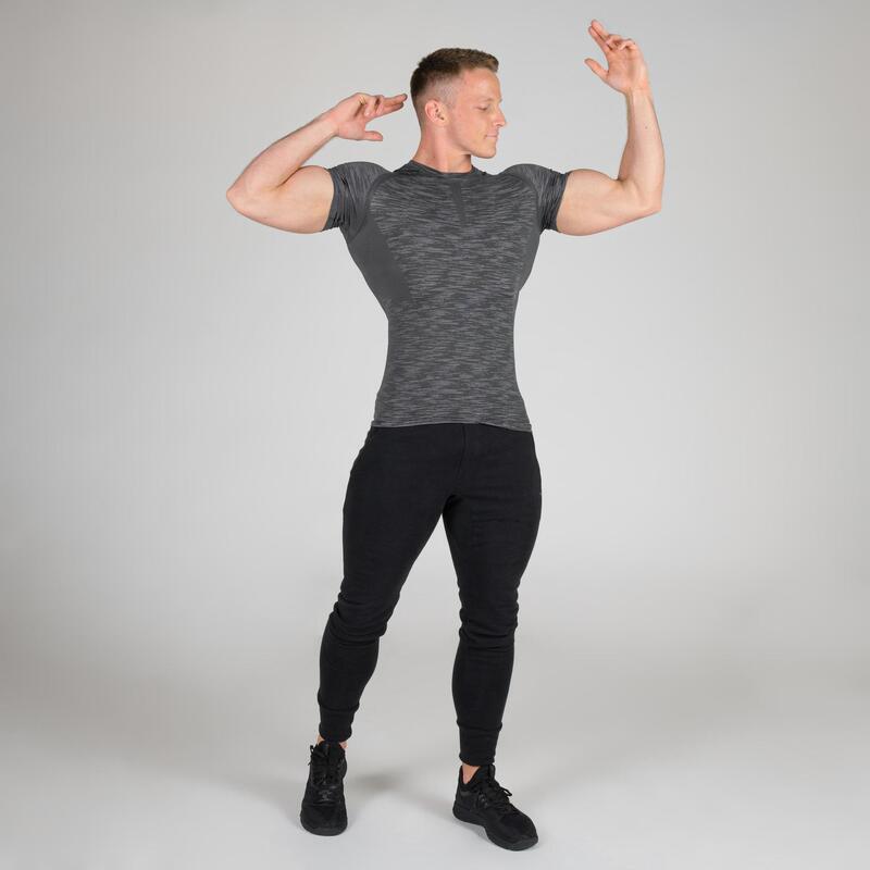 T-shirt uomo bodybuilding COMPRESSION slim misto cotone grigio melange