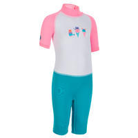 בגד ים לילדים בגזרת מכנסון עם שרוולים ארוכים נגד קרינת UV - הדפס כחול,ורוד ולבן