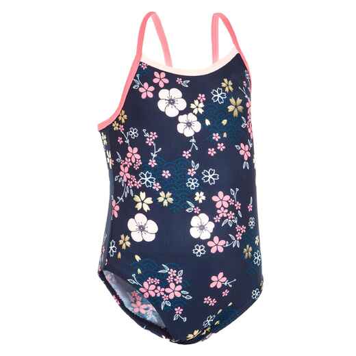 
      Baby Girls' One-Piece Swimsuit - Dark Blue with Flower Print
  