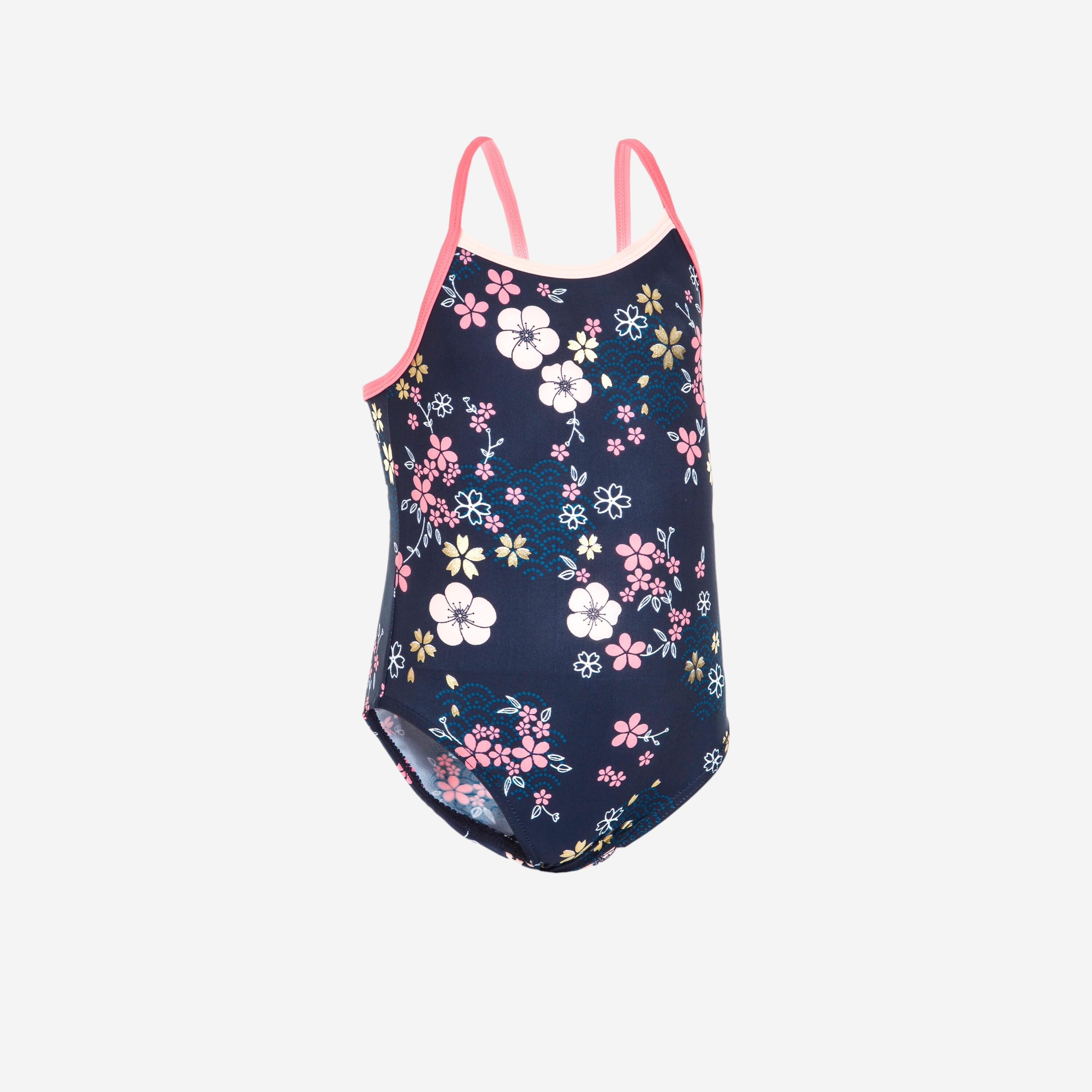 Traje de Baño 1 Pieza Bebé Niña Azul Oscuro Estampado Flores - Decathlon