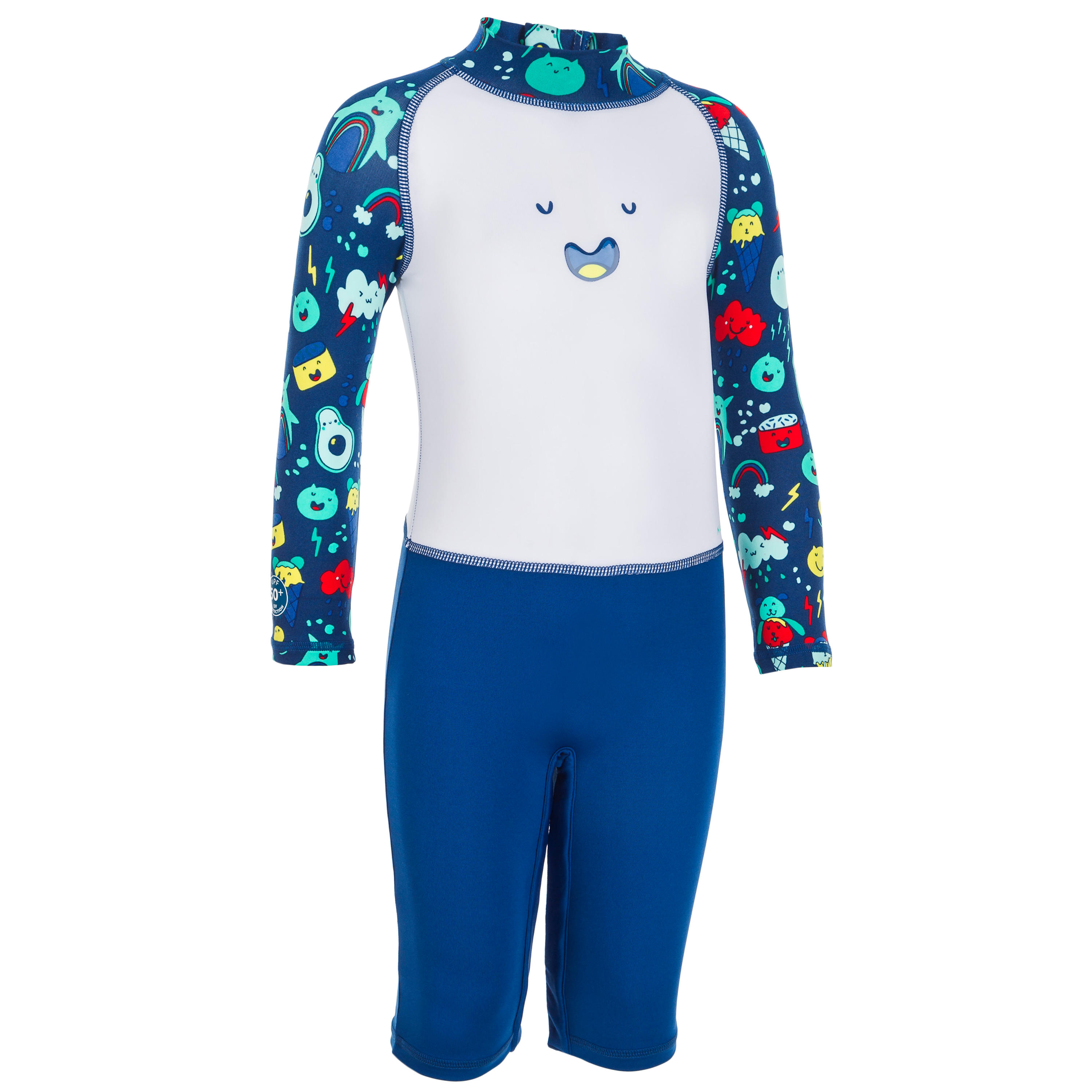 Maillot shorty anti UV enfant manches longues bleu et blanc