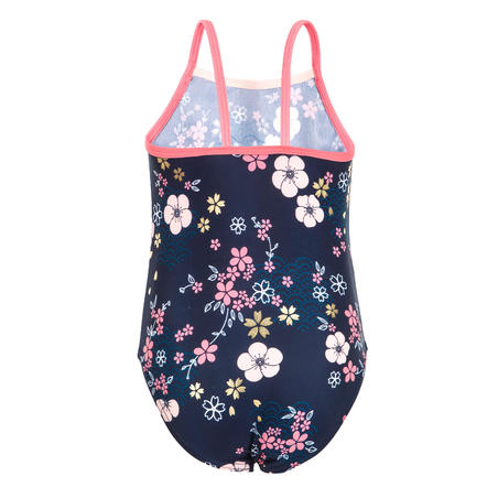 Maillot De Bain Bebe Fille Une Piece Bleu Fonce Avec Imprime Fleurs Decathlon