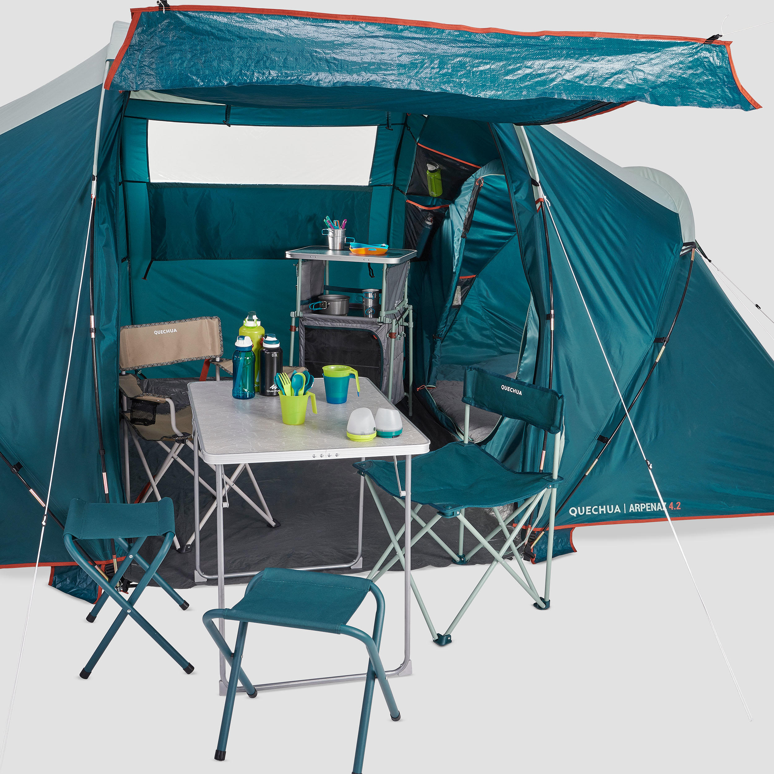 Camping Tent with Poles Arpenaz 4.2 4 People 2 Bedrooms 12/20