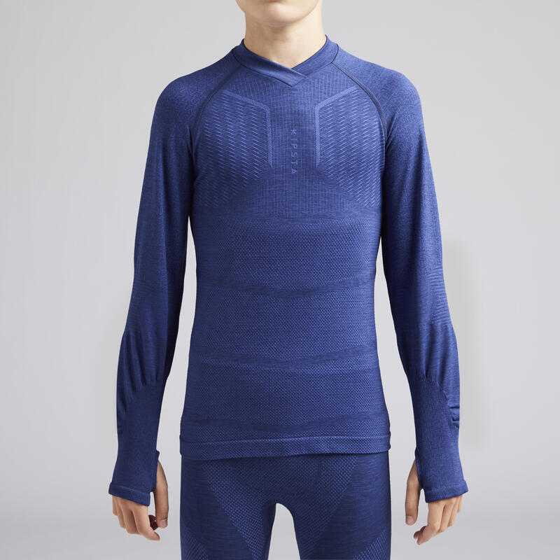 Sous-vêtement haut Keepdry 500 manches longues enfant football bleu chiné