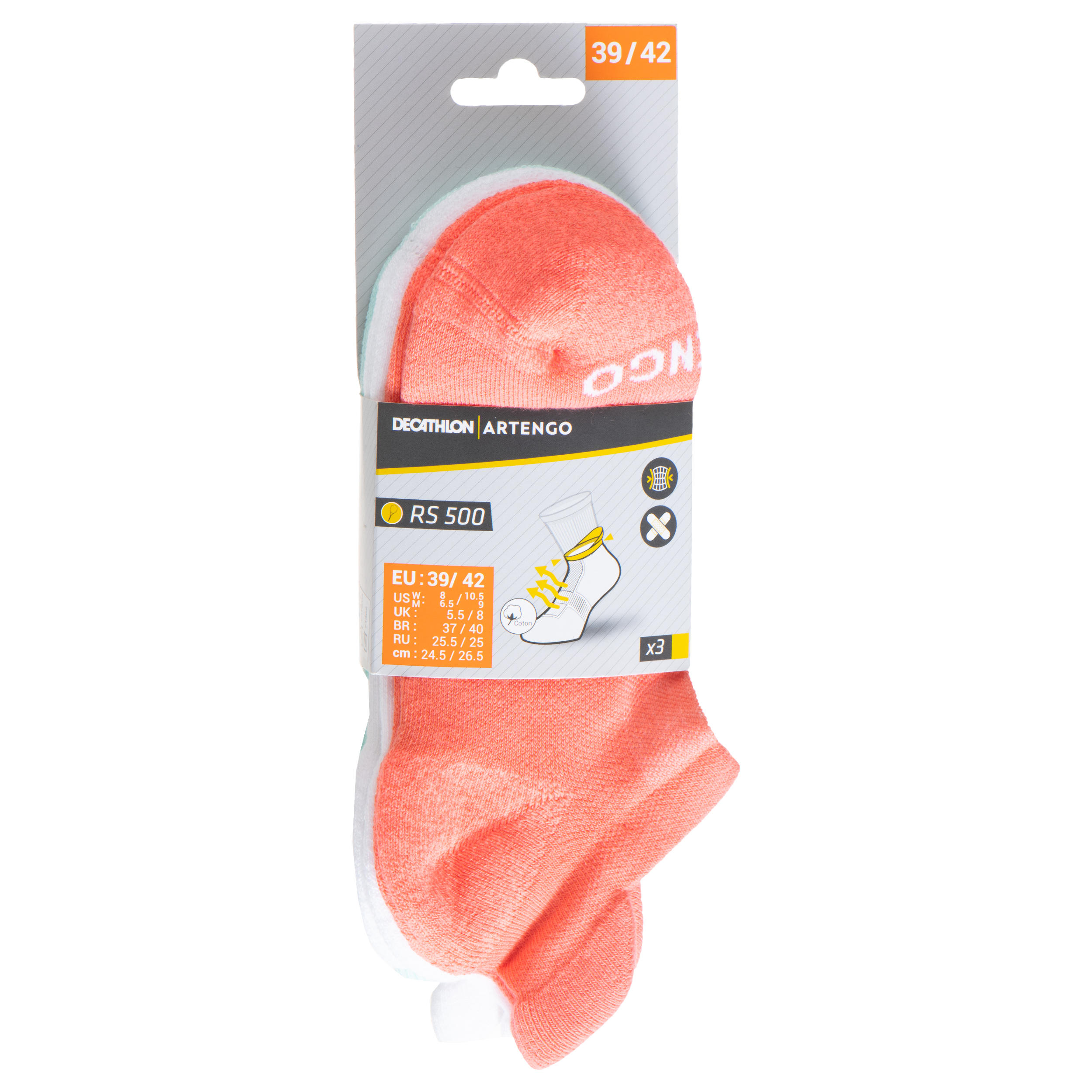 Low Tennis Socks RS 500 Tri-Pack - White/Green 25/40