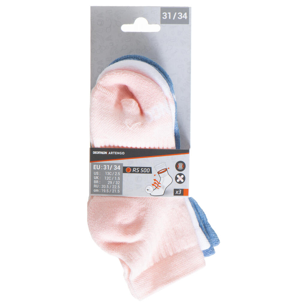 CHAUSSETTES DE SPORT ENFANT MI-HAUTES ARTENGO RS 500 ROSE BLANC BLEU LOT DE 3