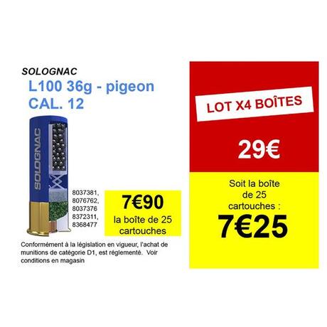 CARTOUCHE L100 36g PIGEON CALIBRE 12/70 PLOMB N°6 X25 ...
