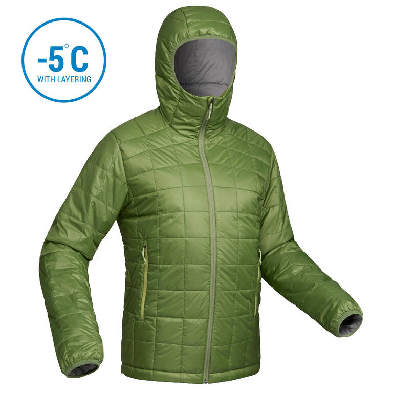 Men's Mountain Trekking Padded Jacket - TREK 100 WITH HOOD - Green