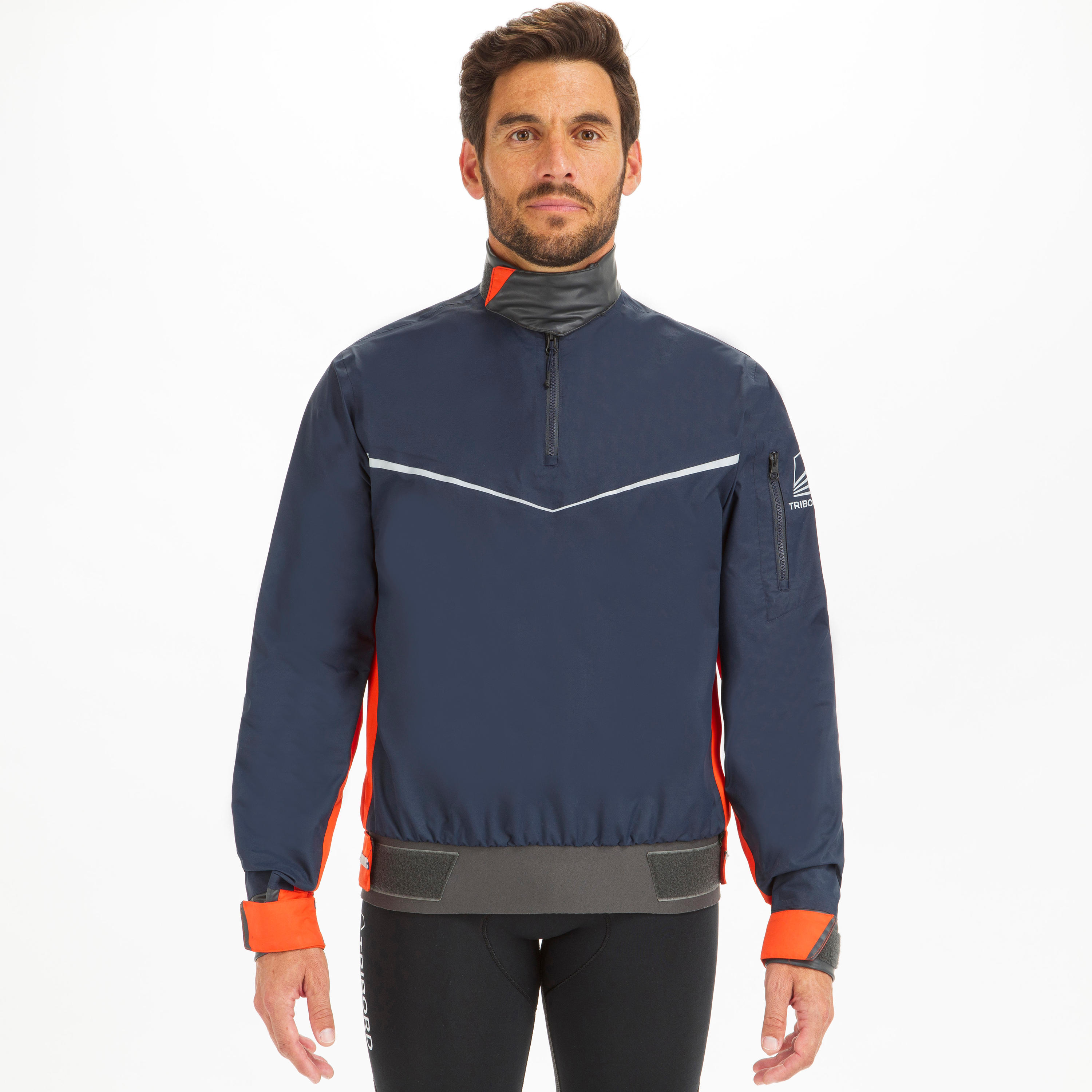 Chamarra nautica de vela rompevientos azul oscuro naranja para hombre Dinghy 500 Decathlon